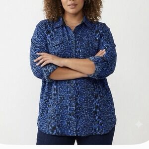 Maggie Barnes Blue Black Button Up Blouse Size 5X Casual Office Layers‎